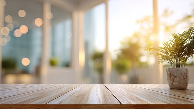 Empty Wooden Table with Blurred Cafe Background and Plant.