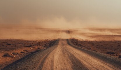 Naklejka premium Dusty Desert Road Leading Towards a Hazy Horizon.