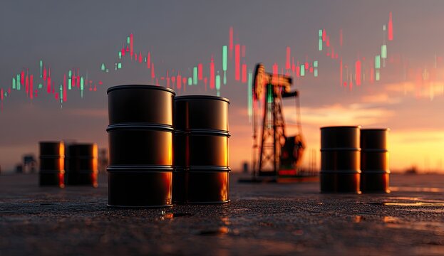 Oil barrels and oil rig at sunset with stock market graph overlay.