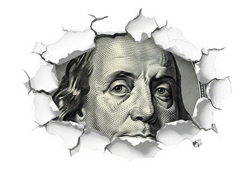 Benjamin Franklin portrait on torn dollar bill isolated on a transparent background