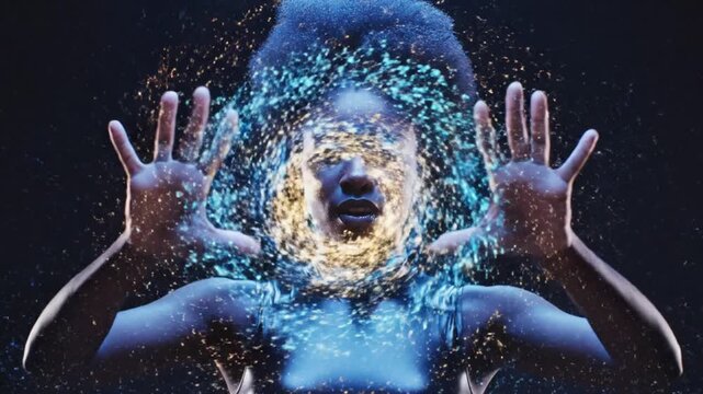 Woman with flowing digital particles artistic representation concept