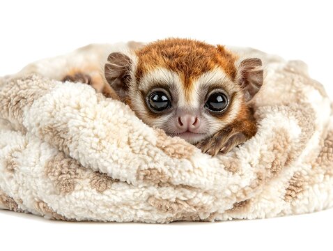 Small galago rests comfortably inside a soft patterned blanket against a white background.