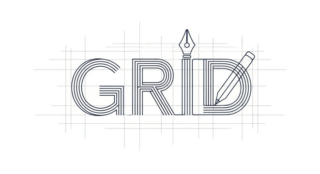 Minimalist graphic design layout with the word GRID and drawing tools
