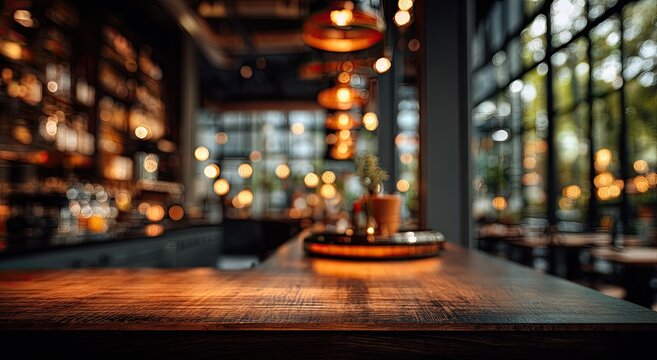 Cozy Cafe Interior with Warm Lighting and Wooden Tables.