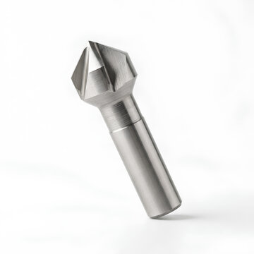 Closeup shot of a silver countersink drill bit on white background.