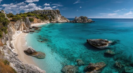 Fototapeta premium Stunning Tropical Beach Paradise with Crystal Clear Turquoise Waters and Rocky Cliffs.