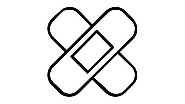 Minimalist crossed adhesive bandage vector icon illustration for medical first aid and wound care, featuring a clean black line art design on a white background for healthcare and medicine.