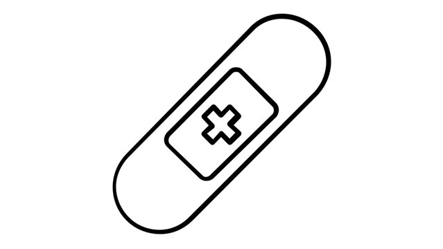 Minimalist medical bandage vector icon illustration for first aid and healthcare concepts. Scalable black line art of an adhesive plaster with a cross symbol, perfect for medical apps and web design.
