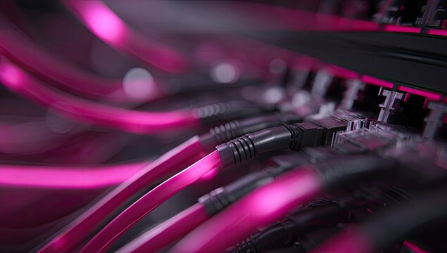 Close-up of Vibrant Pink Ethernet Cables Connected to Network Switch.