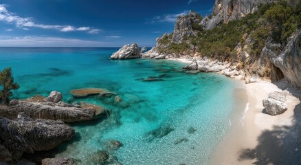 Fototapeta premium Stunning Cala Luna Beach in Sardinia, Italy with Turquoise Waters and White Sand.