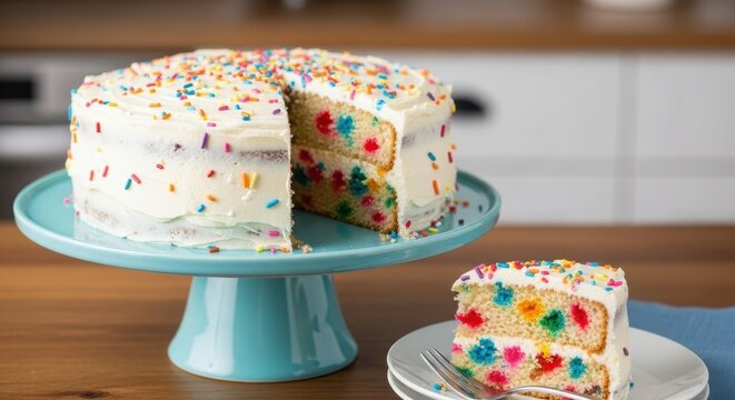 Delicious Funfetti Birthday Cake with Sprinkles and a Slice on a Plate.