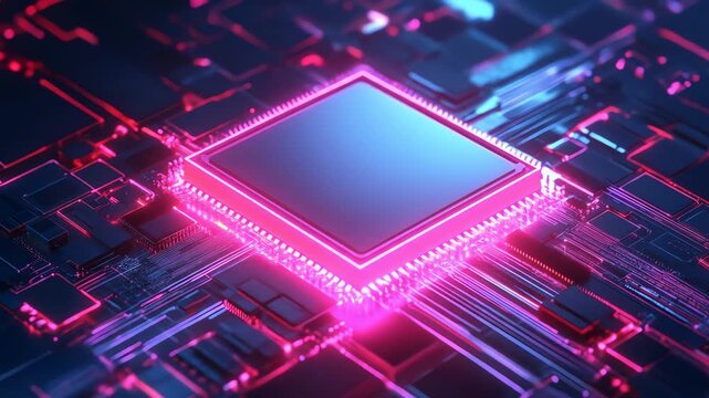 Abstract digital processor glowing with neon light and intricate circuits