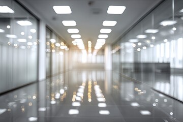 Fototapeta premium Modern Office Hallway with Reflective Floor and Bright Lights.