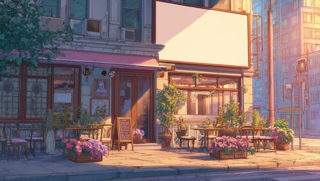 Charming Parisian Cafe Exterior with Outdoor Seating at Golden Hour.