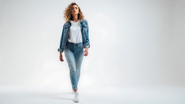 A confident young female with curly blonde hair walks forward wearing a casual blue denim jacket over a white shirt and fitted blue jeans with white canvas sneakers. She poses against