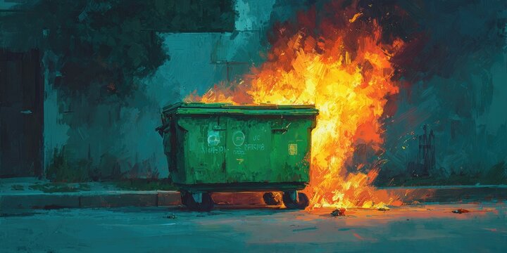 Green dumpster engulfed in flames on a dark street at night.