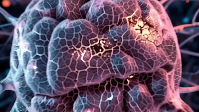 Neural cell neuron with branching synapse network, glowing dendrite axon signals and vibrant bokeh