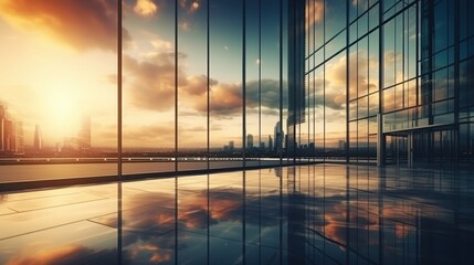 Fototapeta premium Modern office building or business center. High-rise window buildings made of glass reflect the clouds and the sunlight. empty street outside wall modernity civilization. growing up business