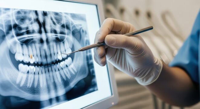 Dentist pointing at a panoramic dental X-ray on a monitor, showing teeth and jaw structure for diagnosis.