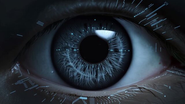 Futuristic blue eye biometric interface iris with glowing circular HUD heads up display evoking