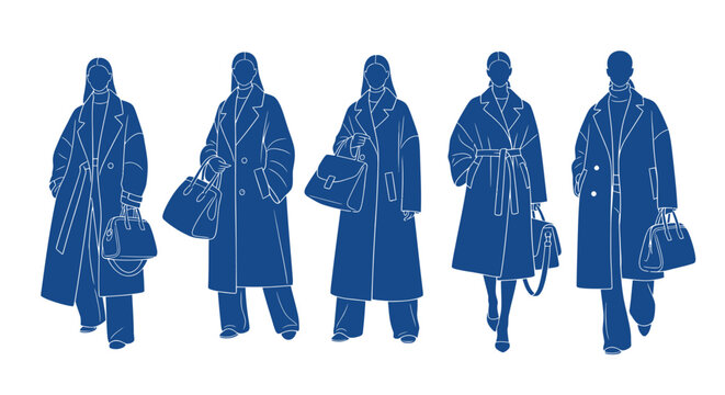 Five stylish women in winter coats and carrying handbags minimalist illustration