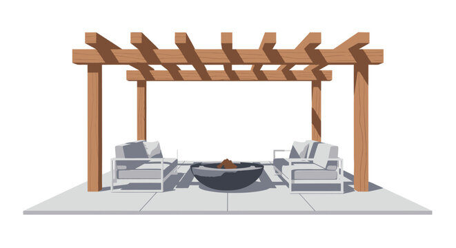 A cozy outdoor living space with a modern pergola and fire pit