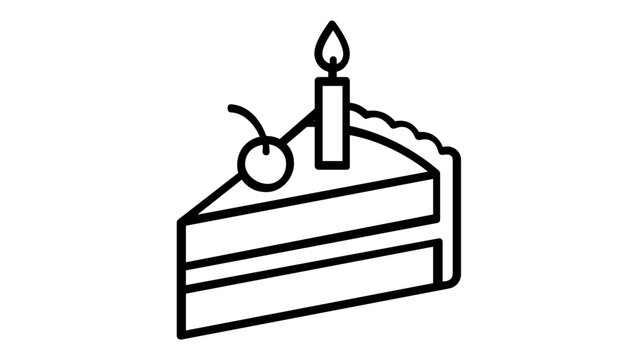 Minimalist vector icon illustration of a delicious slice of birthday cake with a cherry on top and a lit candle, perfect for celebration, party, dessert, bakery, and food-themed graphic designs.
