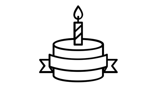 Minimalist birthday cake vector icon illustration with a single lit candle and a decorative banner, perfect for celebration, anniversary, and party designs, scalable black line art graphic.