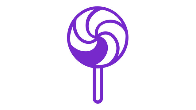 Minimalist lollipop vector icon featuring a swirl pattern and vibrant pink to purple gradient. Flat line art illustration of a sweet candy treat on a stick, isolated on white background.
