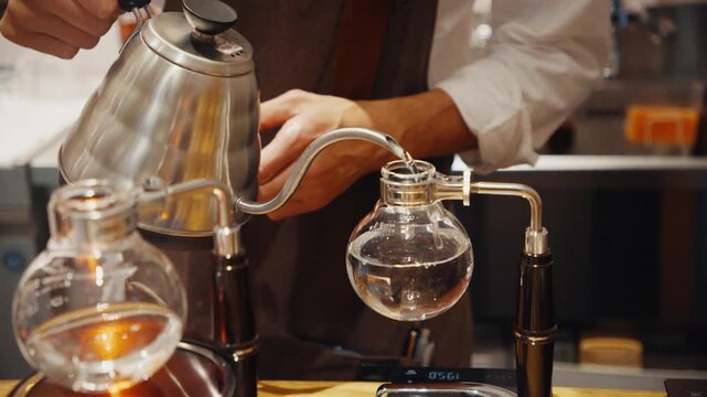 Barista preparing specialty coffee with siphon brewer