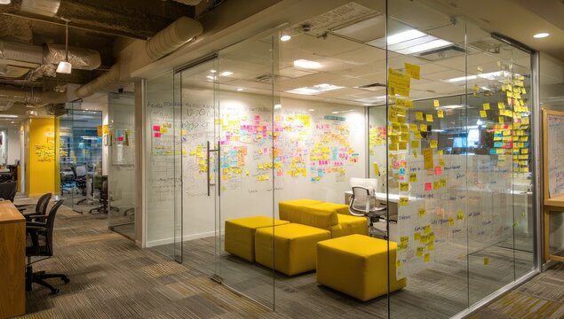 Modern Office Meeting Room with Glass Walls and Sticky Notes.