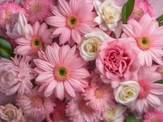 Fototapeta premium Spring flower arrangement pastel pink flat lay overhead