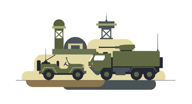 Military base with army vehicles and defense infrastructure illustration.