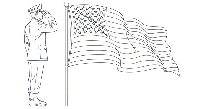 Soldier in uniform saluting the American flag line art illustration for coloring book