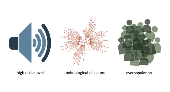 Conceptual icons for societal problems: noise, tech disasters, overpopulation.