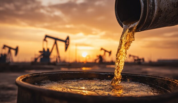 Oil pouring into barrel at sunset with pumpjacks in background.