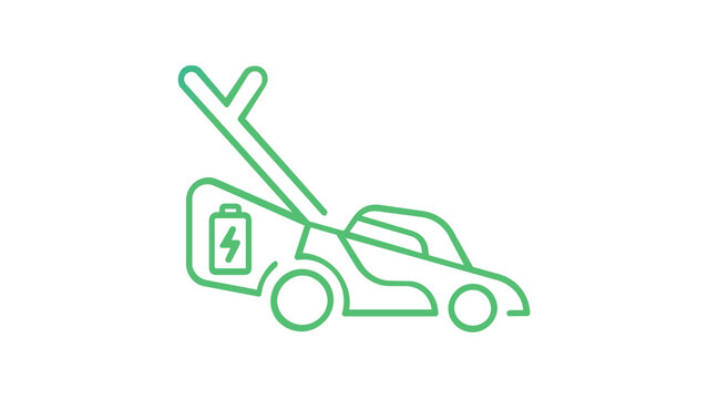 Electric lawn mower vector icon illustration. Battery powered gardening tool for eco-friendly lawn care and landscaping maintenance. Minimalist flat line art design with blue green gradient.