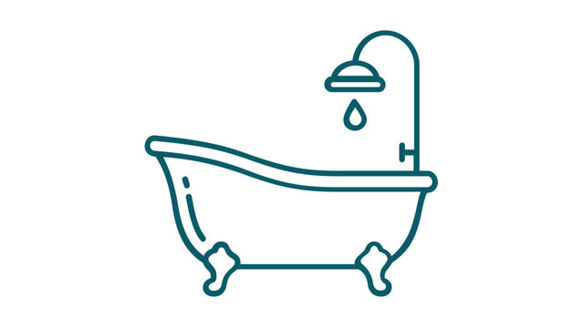 Minimalist vector icon illustration of a classic vintage clawfoot bathtub with an overhead showerhead and a single water drop, ideal for bathroom interior design, hygiene, and home decor concepts.