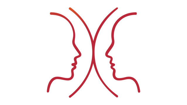 Minimalist vector illustration of two human profiles facing each other in a continuous line art style with a warm orange and red gradient, symbolizing communication, empathy, and connection.