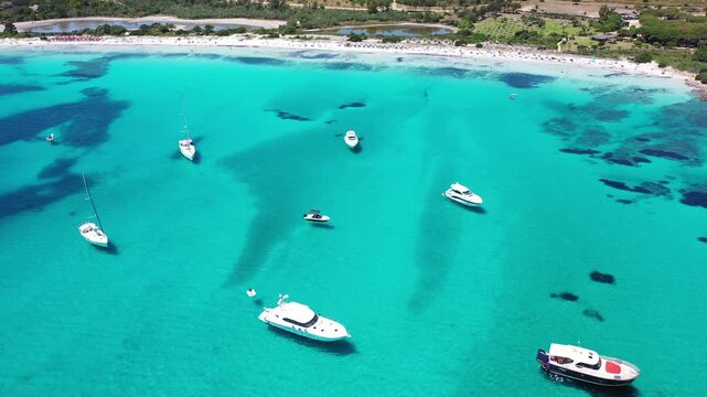 4K Aerial View of Cala Brandinchi SARDINIA  , Lu Impostu Bays. Cinematic aerial Drone Flight over Little Tahiti Turquoise Sea and White Sand. San Teodoro  Best beaches of Sardegna and Europe tahity 4k