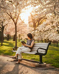 Obraz premium Woman Reading on Park Bench Among Cherry Blossoms at Golden Hour