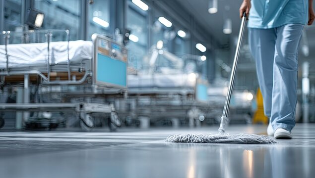 Hospital cleaner mopping floor in empty ward with beds.