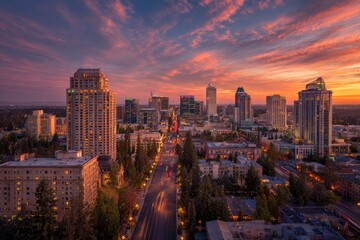 Obraz premium Vibrant Cityscape at Sunset with Dramatic Sky and Urban Skyline.