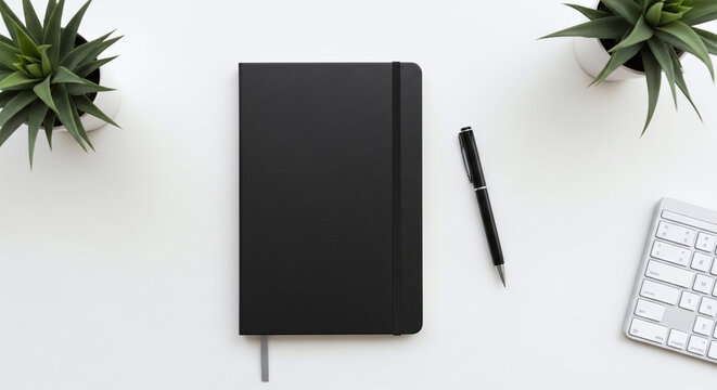 Clean, minimalist workspace top view: sleek black notebook, elegant pen, two vibrant green succulent plants, and modern white keyboard on a pristine white desk setup.