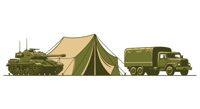 Military vehicles and tent in formation.