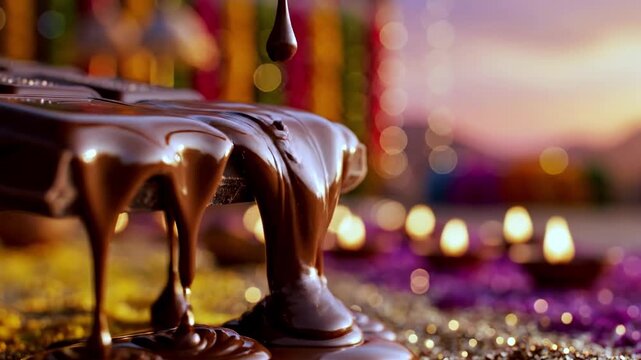 A decadent chocolate dessert with melting chocolate and lit candles in the background