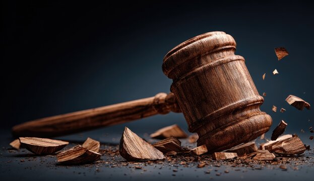 A broken wooden gavel lies shattered on a dark surface, symbolizing justice failure.