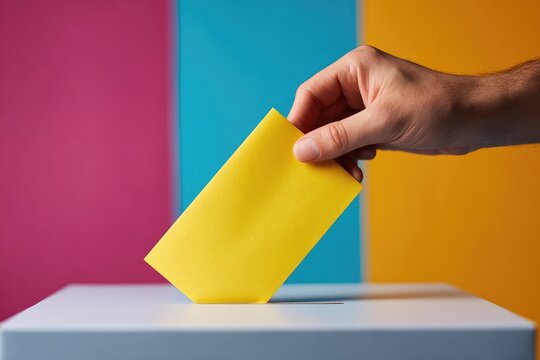 Hand casting a yellow ballot into a voting box during an election.
