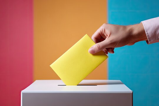 Hand casting a yellow ballot into a white voting box against a colorful background.