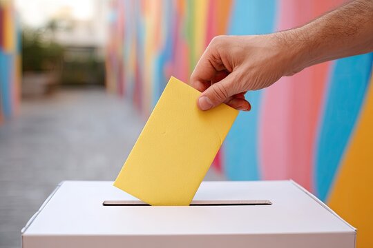 Hand Casting Yellow Ballot into Voting Box with Colorful Background.